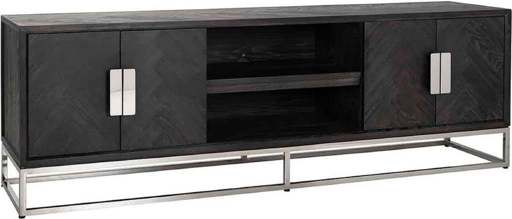 Casa Padrino Luxus TV Schrank Schwarz / Silber 185 x 42,5 x H. 60 cm - Massivholz Sideboard mit 4 Türen - Wohnzimmer Möbel - Hotel Möbel - Luxus...