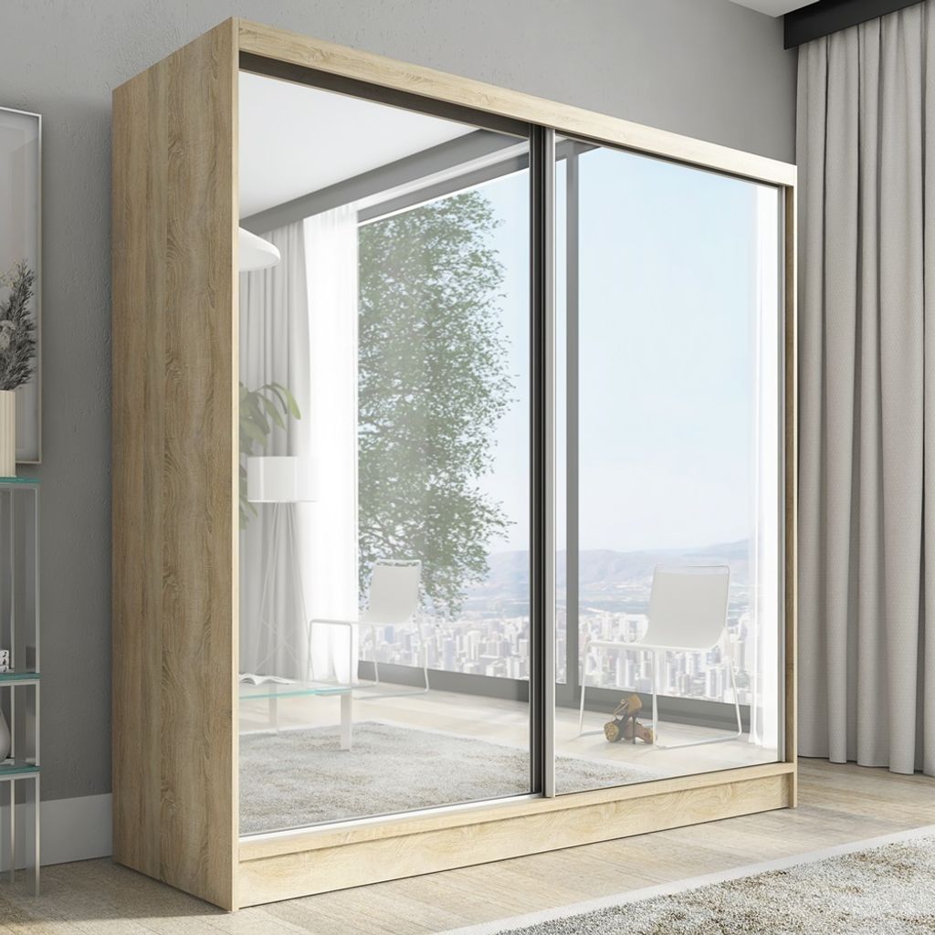 Schwebetürenschrank, 2-türig Schrank mit Spiegel IVAR 200 cm (Braun)