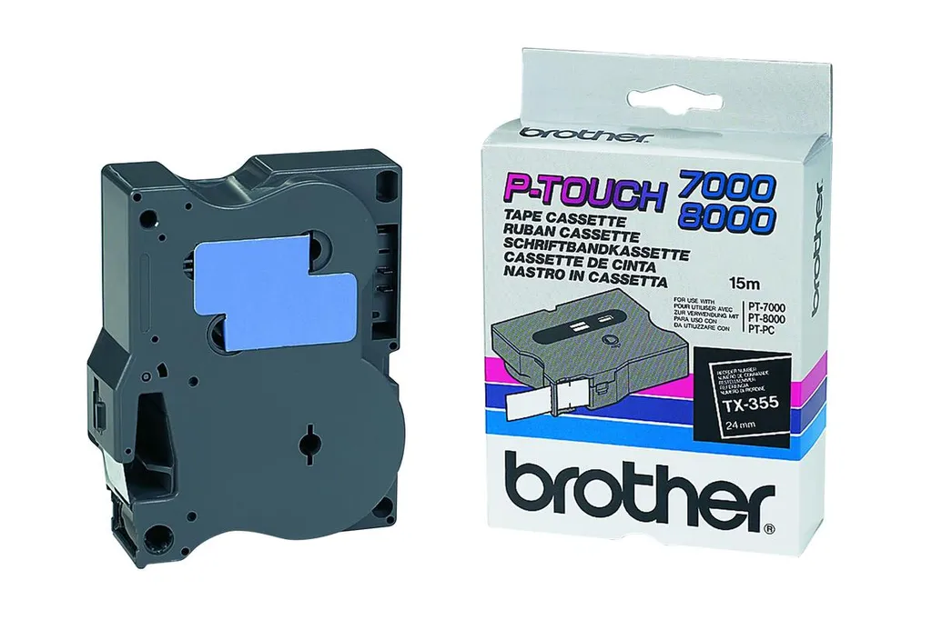 Brother TX-355 Ruban étiqueteuse blanc sur noir 24mm pour P-Touch