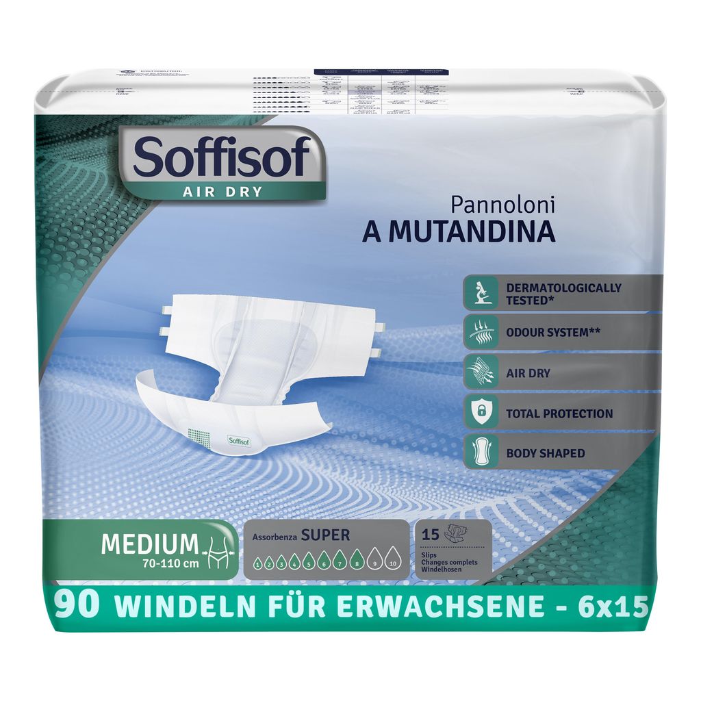 Soffisof Air Dry Windeln für Erwachsene Super M - 90x Inkontinenz Windelslip - 6 Packungen mit 15 Windelhosen, 8 Tropfen - Erwachsenen Windel