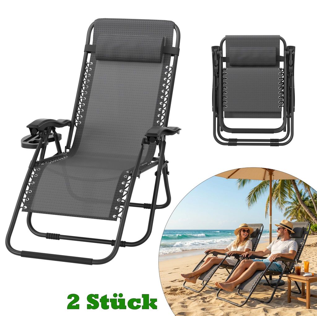 LARS360 2 Stück Dunkelgrau Klappbarer Liegestuhl, Strandstuhl, Relaxliege für Outdoor, max. 120kg, mit Kissen, Faltbar für Camping, Garten und P...