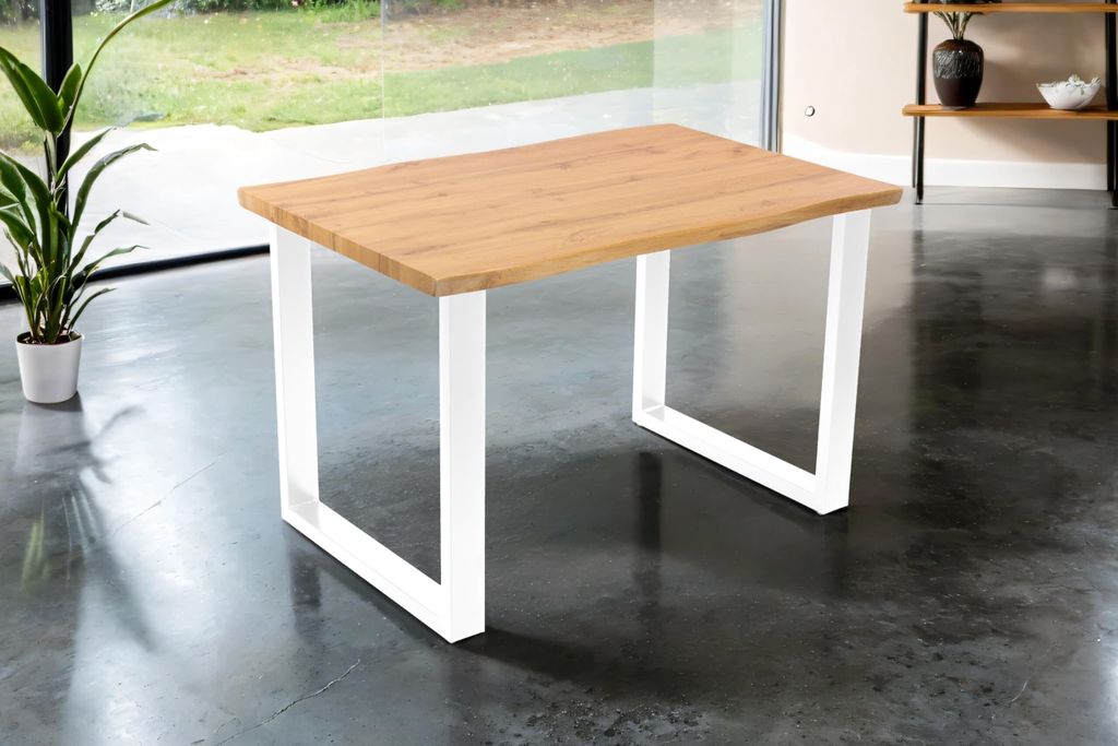 Esstisch Josy | 120 x 80 cm | Holz Wildeiche-Optik| U-Gestell Metall Weiß | 40 mm Tischplatte mit Baumkante | Tisch für Esszimmer & Küche