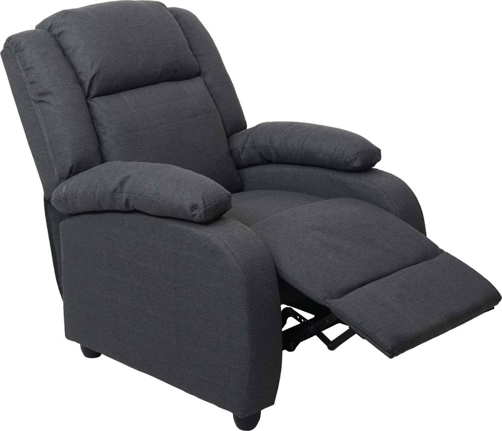 A dark gray recliner chair is shown from a side-angle with the footrest extended.