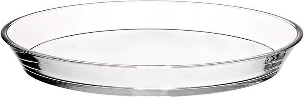 A clear, well-lit studio shot of a single glass plate with a silver rim.