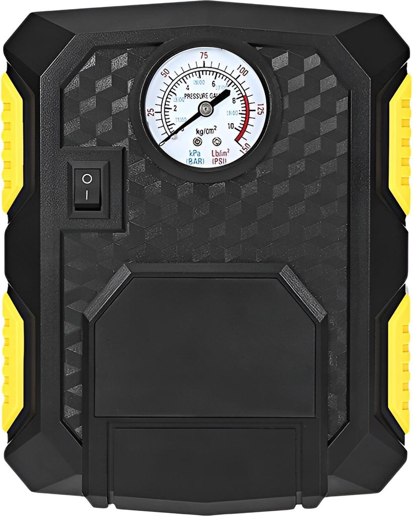 A close-up, front-facing view of a black and yellow auto air compressor.