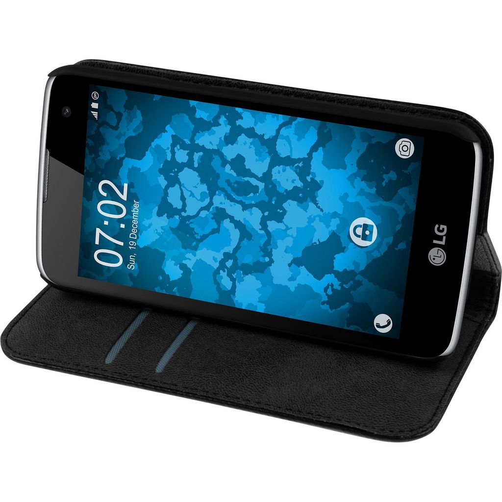 PhoneNatic Kunst-Lederhülle kompatibel mit LG K4 2016 - Book-Case schwarz + 2 Schutzfolien
