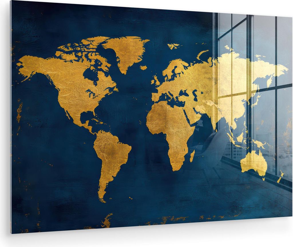MuchoWow Glasbilder - Bilder auf Wandbild - Foto auf Glas Weltkarte - Gold - Dunkelblau 60x40 cm Wanddekoration aus Glas - Acrylglasbild - Acrylbil...