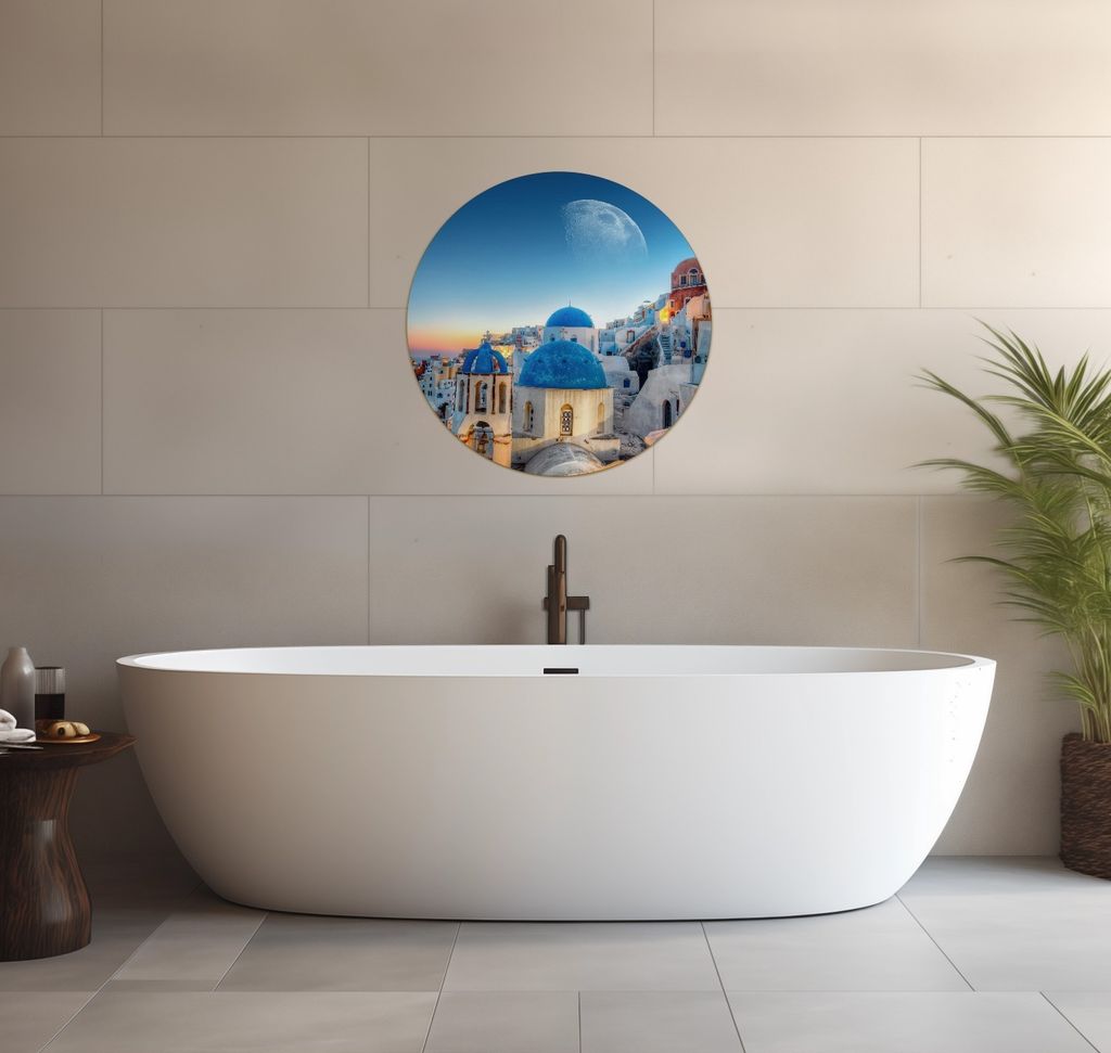 Wallario wasserfestes Poster selbstklebend 60 x 60 cm, Urlaub auf Santorini, Badezimmerposter Spritzschutz mit Hochglanzoberfläche in Glasoptik