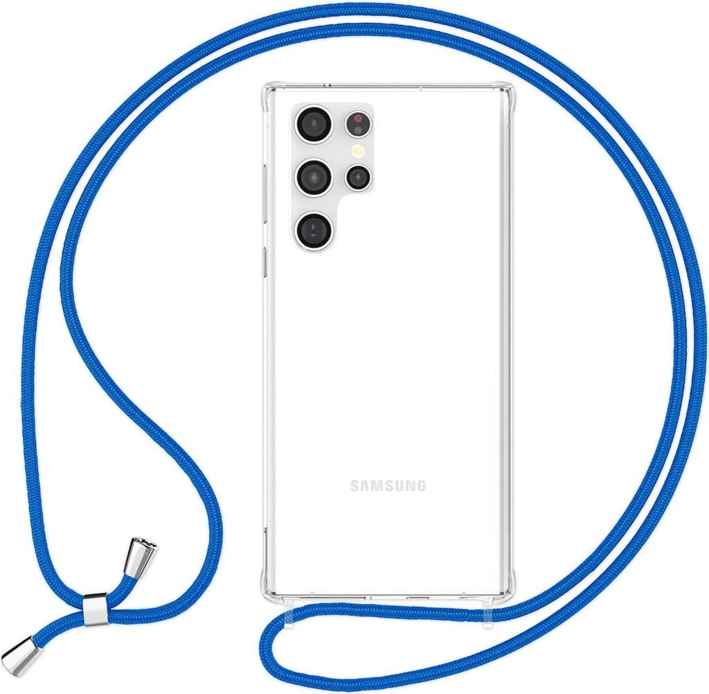 NALIA Klare Schutzhülle mit Kette für Samsung Galaxy S24 Ultra Hülle, Transparente Stabile Handyhülle mit Umhänge-Band Blau