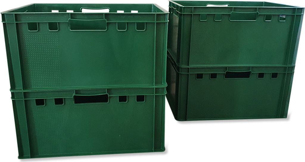 Two stacks of green plastic crates against a white background.