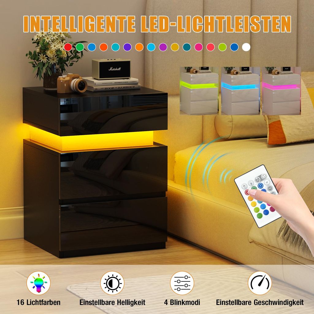 Nachttisch,Nachtschrank mit LED Licht,Nachtkommode mit 3 Produktbild 