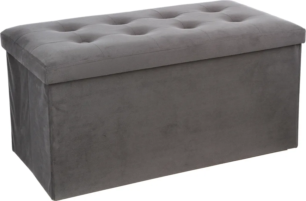 Banc de rangement gris velours 76 cm HOMLA - Grand coffre pouf rectangulaire