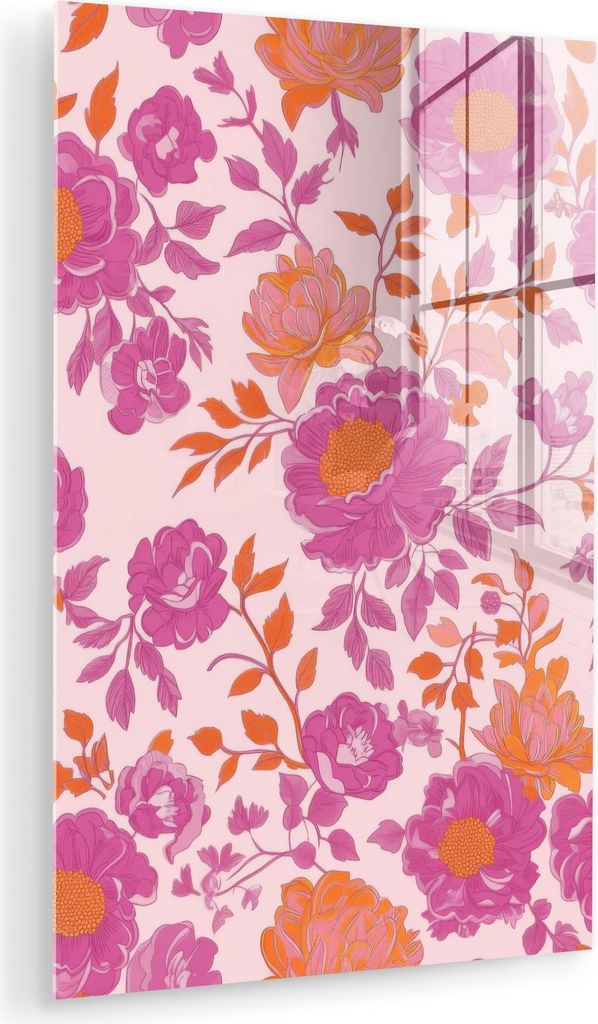 MuchoWow Glasbilder - Bilder auf Wandbild - Foto auf Glas Florales Muster - Rosa - Orange - Blumen 60x90 cm Wanddekoration aus Glas - Acrylglasbild...