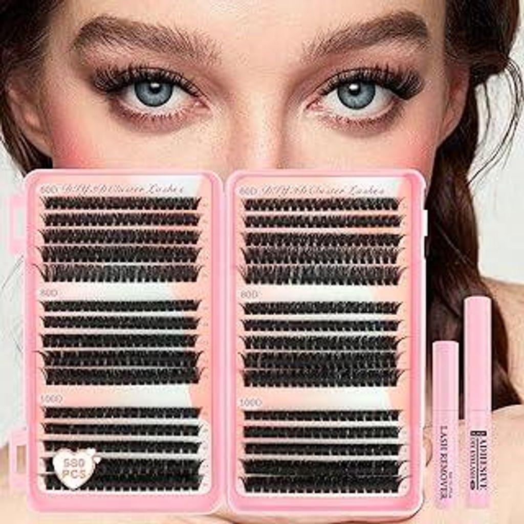 Parriparri Wimpern Extensions Set 580 Stück 10-16mm 60D/80D/100D Lash Clusters mit Kleber & Entferner für Natürlichen Look DIY Lash Extensions z...