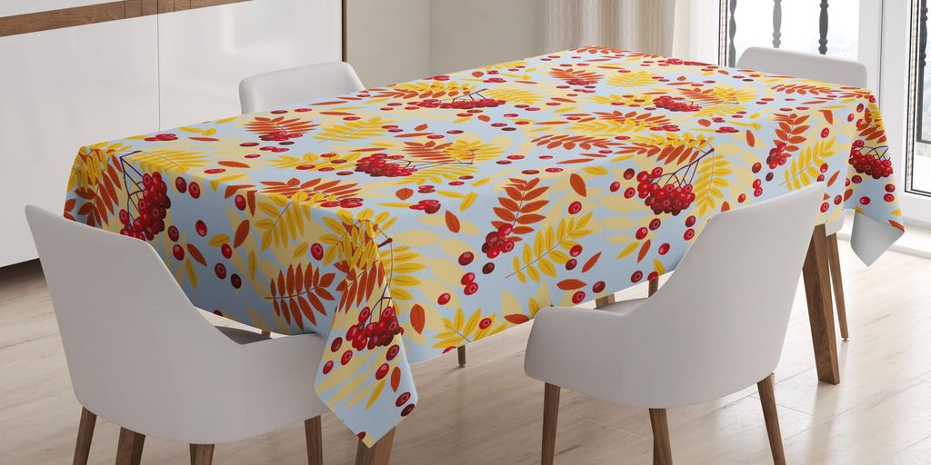 ABAKUHAUS Eberesche Tischdecke, Reifer Ebereschen-Bündel Beeren mit fallendem getrocknetem Blatt-Fall-Natur-Thema, 140 x 170 cm, Babyblau Gelb Rot