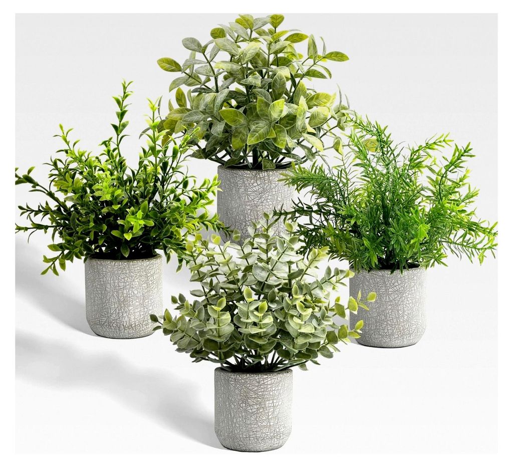 4 Stück Kunstpflanzen Klein, Eukalyptus in Betontöpfen, Künstliche Pflanzen für Wohnzimmer, Badezimmer, Schlafzimmer, Küche, Tisch und Büro