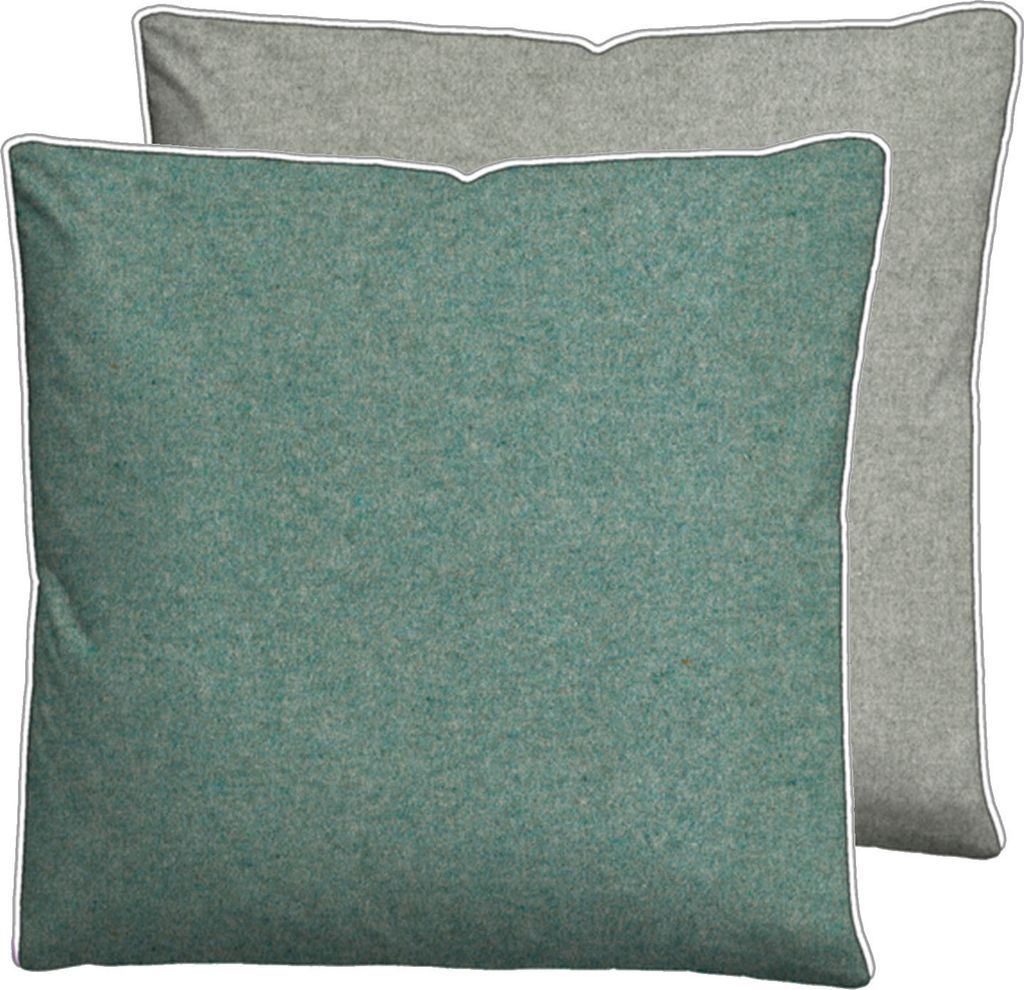 Two pillows, one teal and one gray, are shown overlapping.
