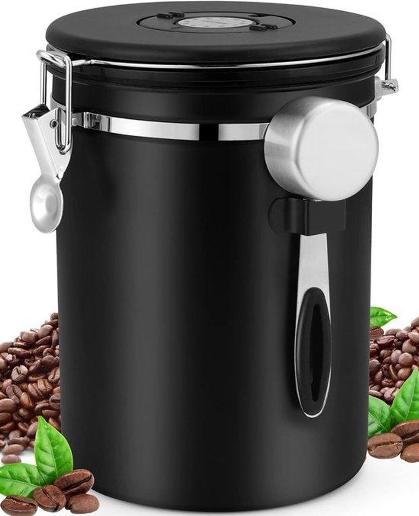 Luftdichter Kaffeebehälter aus Edelstahl 18 l - Luftdichter Behälter für Kaffeebohnen - Maßlöffel schwarz - Kaffeebehälter mit Datumsanzeige ...