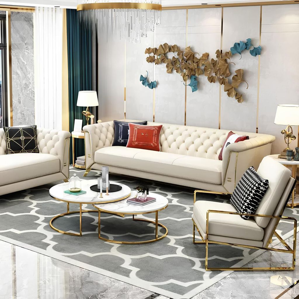 Garnitur Couch Polster Stoff Sofa Couchen Polster Sitz Chesterfield 3+2+2 Design