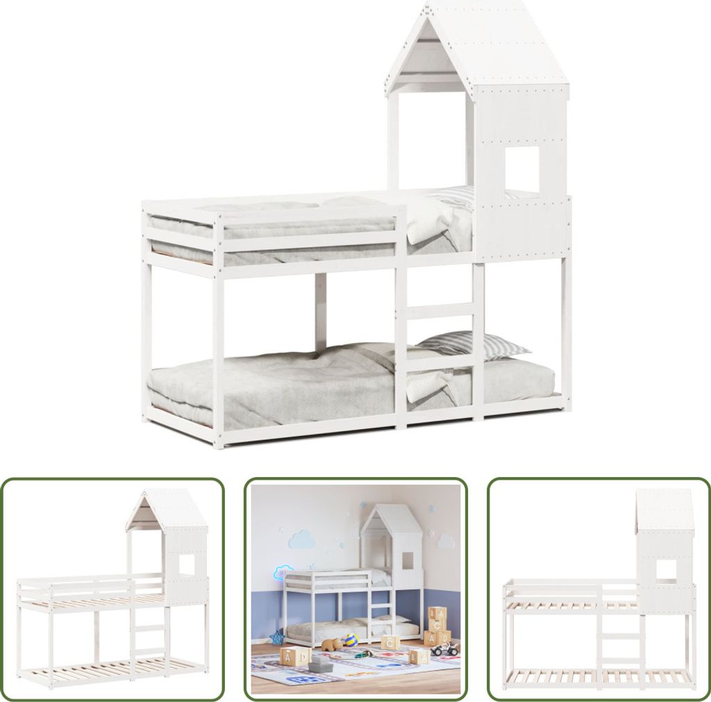 The Living Store Etagenbett mit Dach Weiß 90x200 cm Massivholz Kiefer