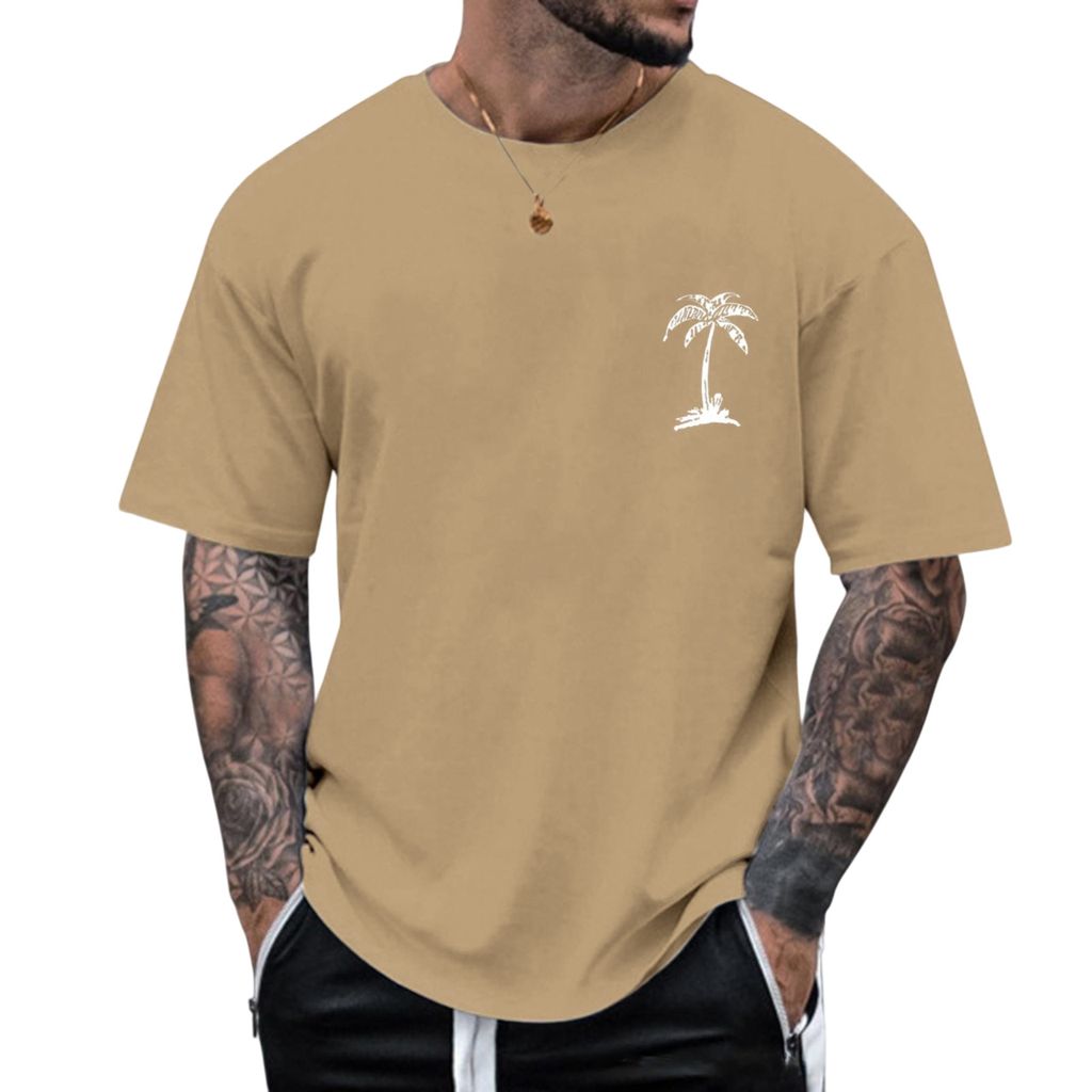 ASKSA Herren Tshirt Sommer Oversize T-Shirts Rundhals Kurzarm T Shirt mit Kokosnussbaum Drucken Basic Shirts (Khaki,5XL)