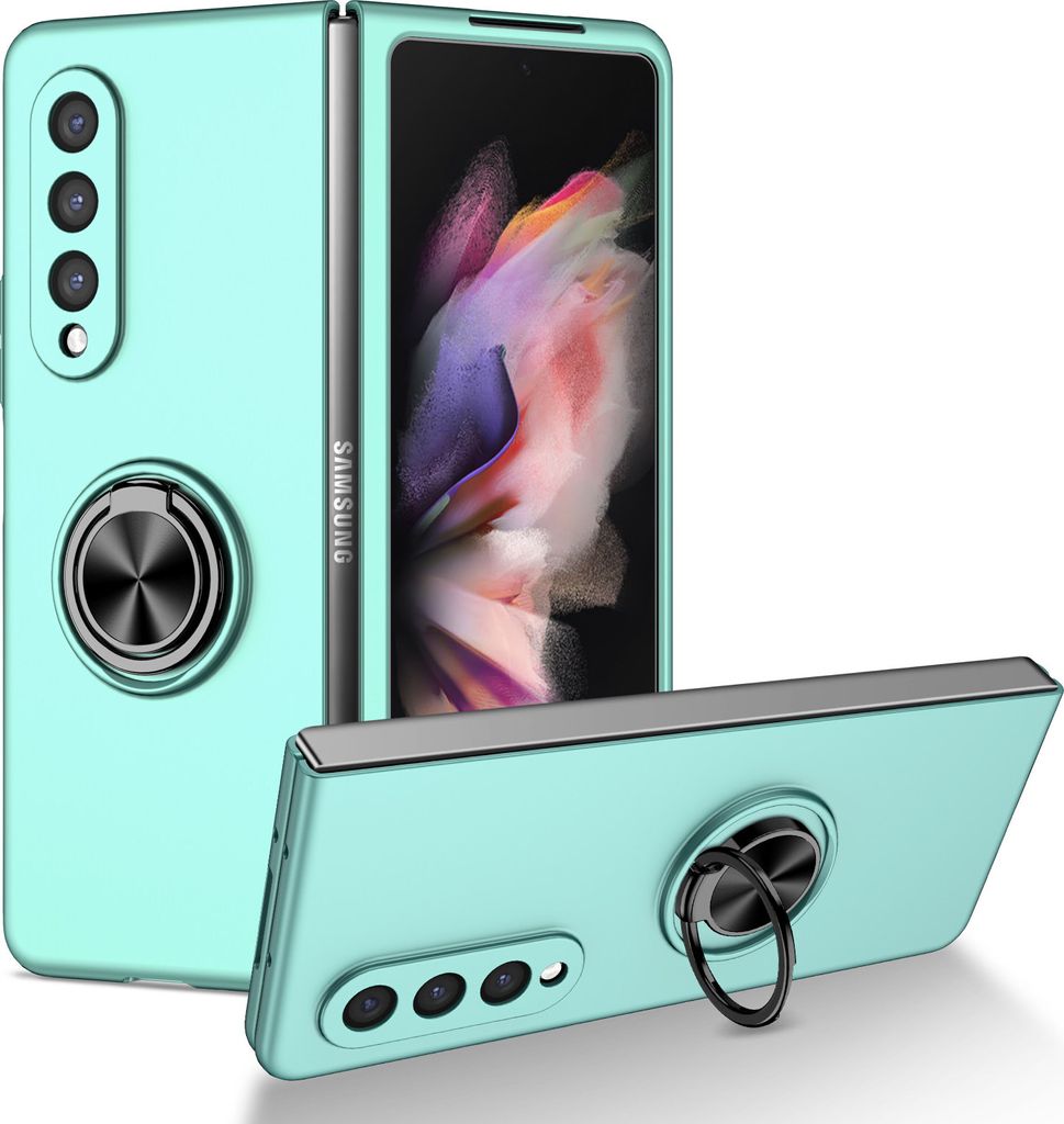 Samsung Z Fold3 Hülle, Dünn Hart PC Schutzhülle mit Ringhalter Ständer für Samsung Galaxy Z Fold 3 5G Blau