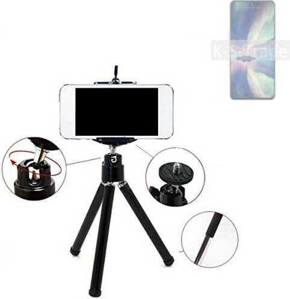K-S-Trade Smartphone Stativ Dreibein kompatibel mit ZTE Axon 40 SE Tripod aus Aluminium Klemmstativ Stativ Adapter für Mobiltelefone schwarz 1x