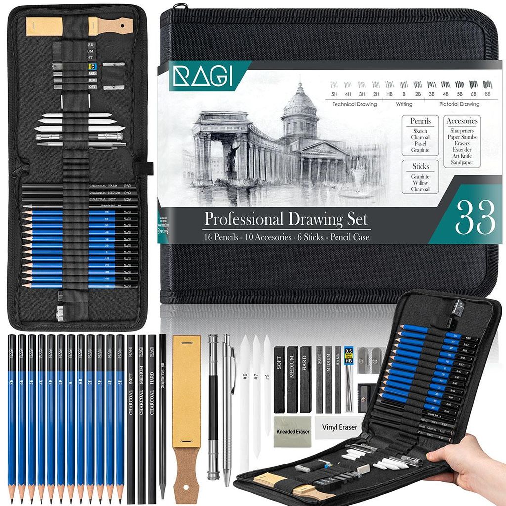 A professional drawing set is displayed, showcasing its contents and packaging.