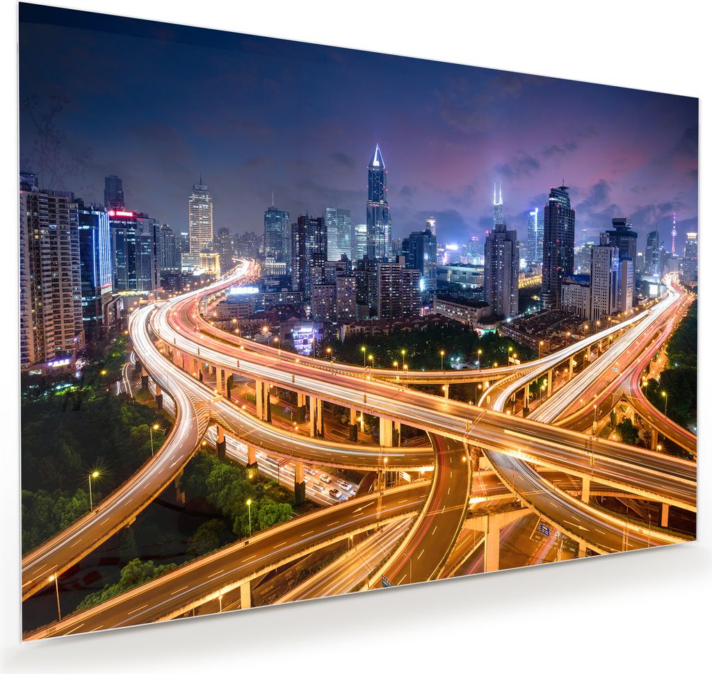 Glasbild Wandbild Shanghai Hochstraßenkreuzung 100x70cm in XXL für Wohnzimmer, Schlafzimmer, Badezimmer, Flur
