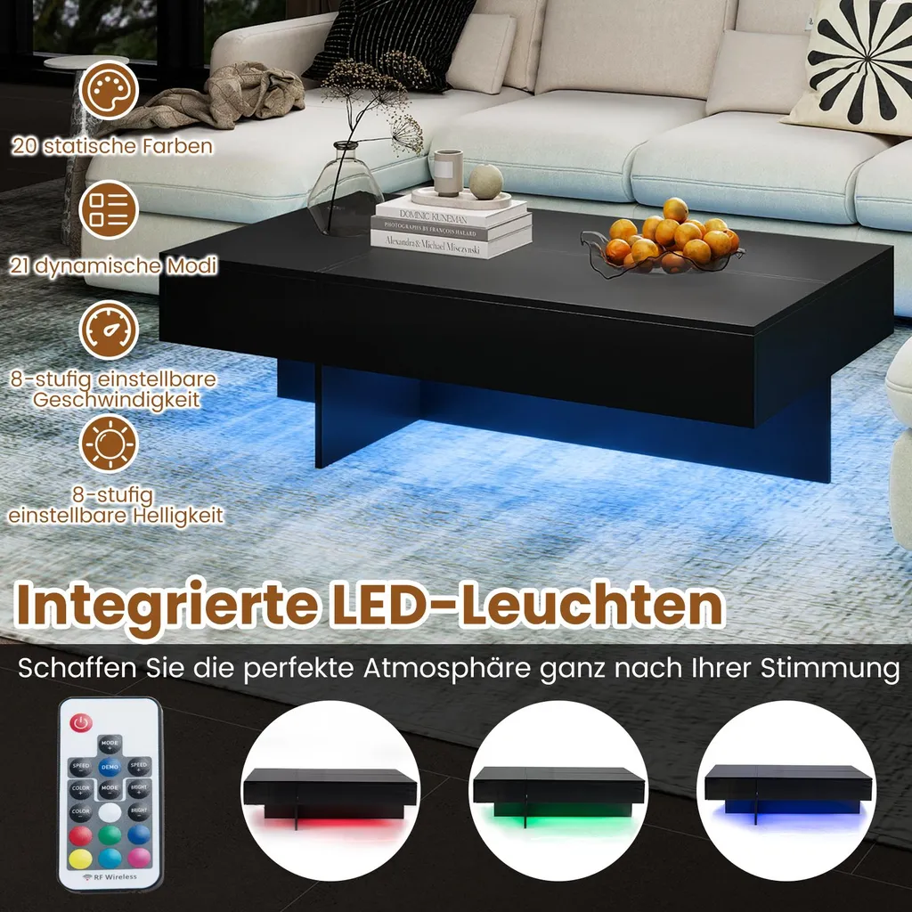 Table basse rectangulaire lumineuse LED à 3 tiroirs finition glossy - 4