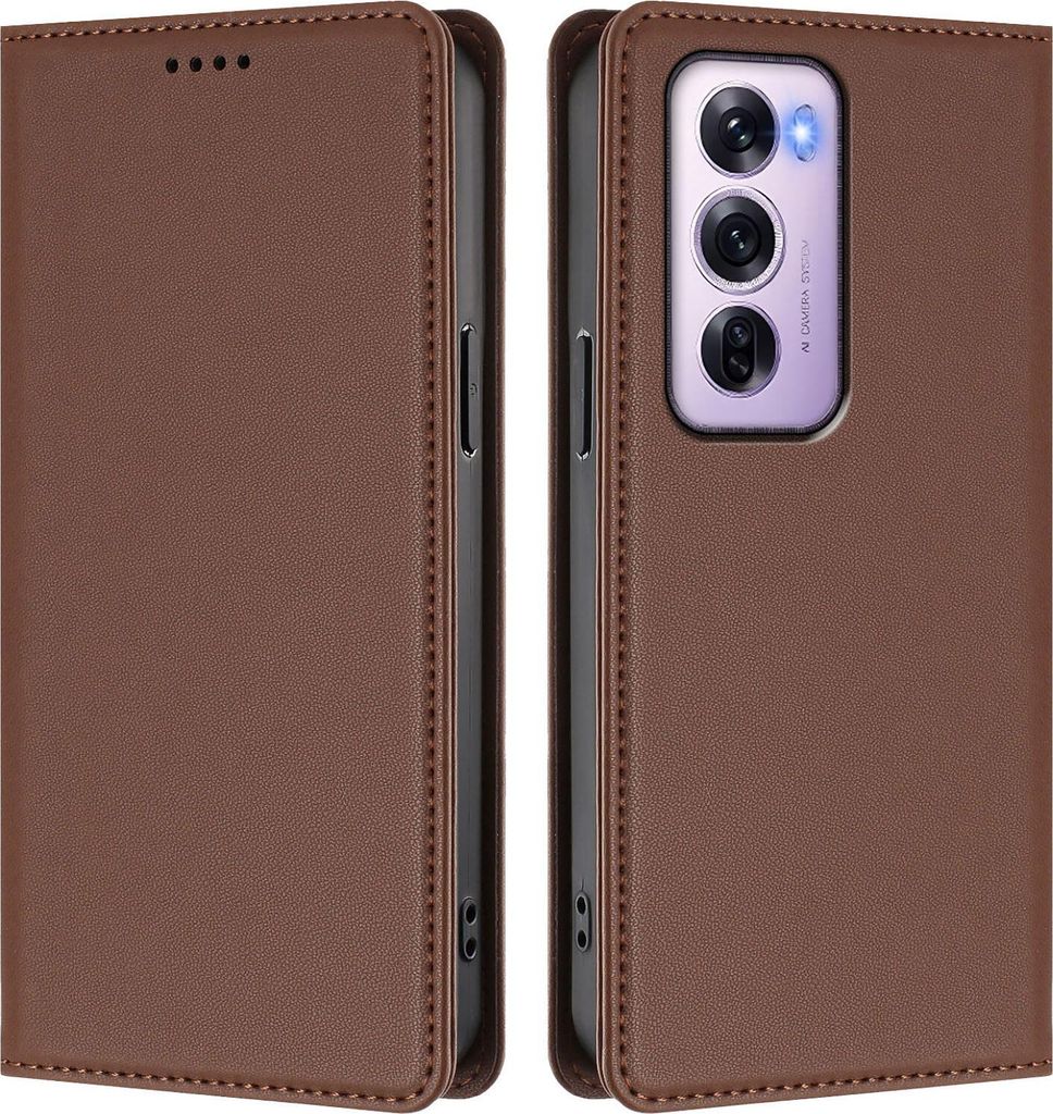 Handyhülle für Oppo Reno12 Pro 5G, Kunstleder Klapphülle Stoßfeste Magnetische Hülle mit Ständer Braun