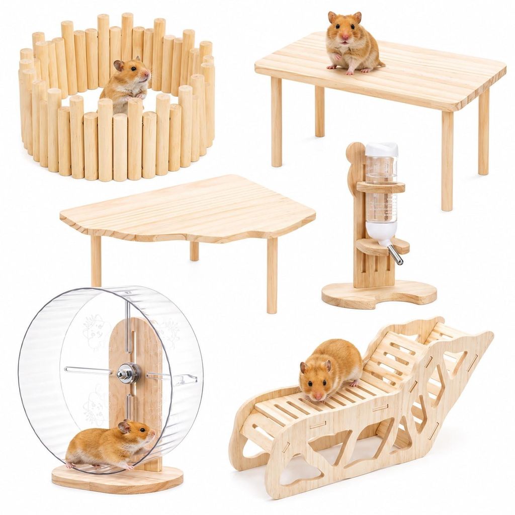 Houten speelset voor hamsters, bestaande uit 6 delen: Productafbeelding 