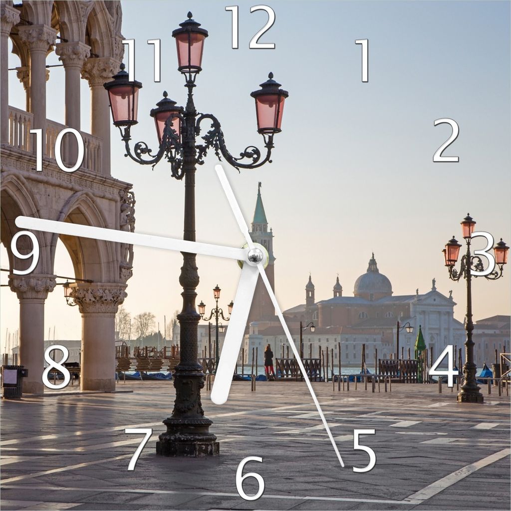 Wallario Design Wanduhr Venedig - Dogenpalast, Markusplatz und San Giorgio Maggiore II aus Echtglas, Größe 20 x 20 cm