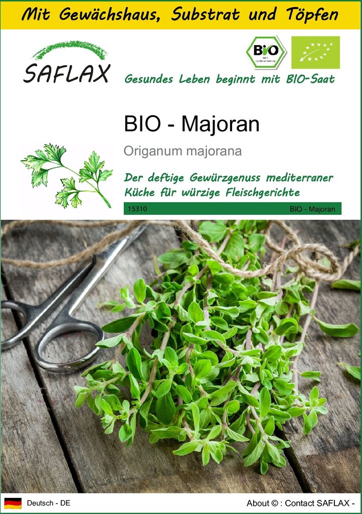 SAFLAX Anzucht Set - BIO - Majoran - Origanum majorana - 700 Samen - Mit Mini-Gewächshaus, Anzuchtsubstrat und 2 Töpfen