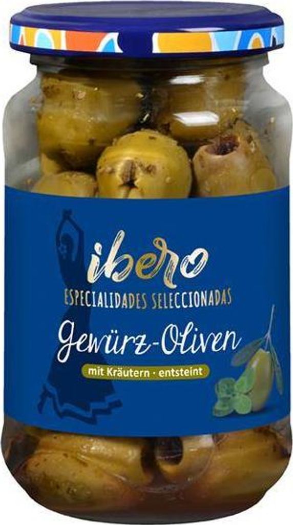Ibero Grüne Gewürzoliven mit Kräutern trocken eingelegt entsteint 185 G Glas Vegan Glutenfrei Salzig-säuerlich