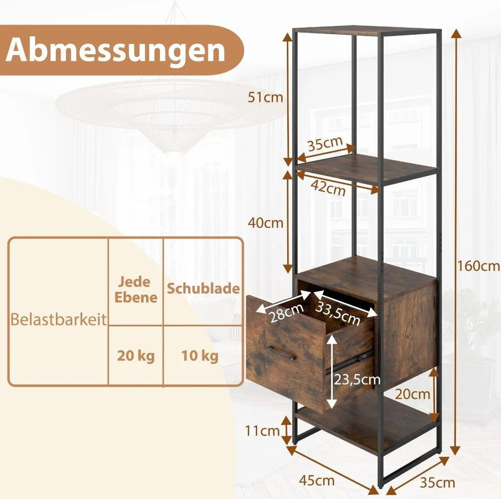 Étagère de rangement moderne marron 5 étages avec tiroir de bureau chic - 2