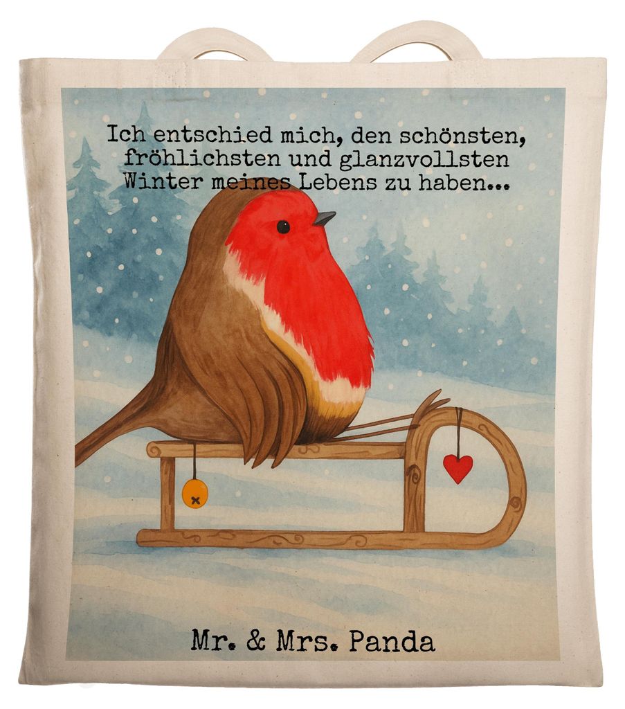 Mr. & Mrs. Panda Jutetasche Rotkehlchen Schlitten Design - Weiß - Geschenk, baumwoll shopper, Vogel, Weihnachten, Tasche, Tote Bag, totebag, Stoff...