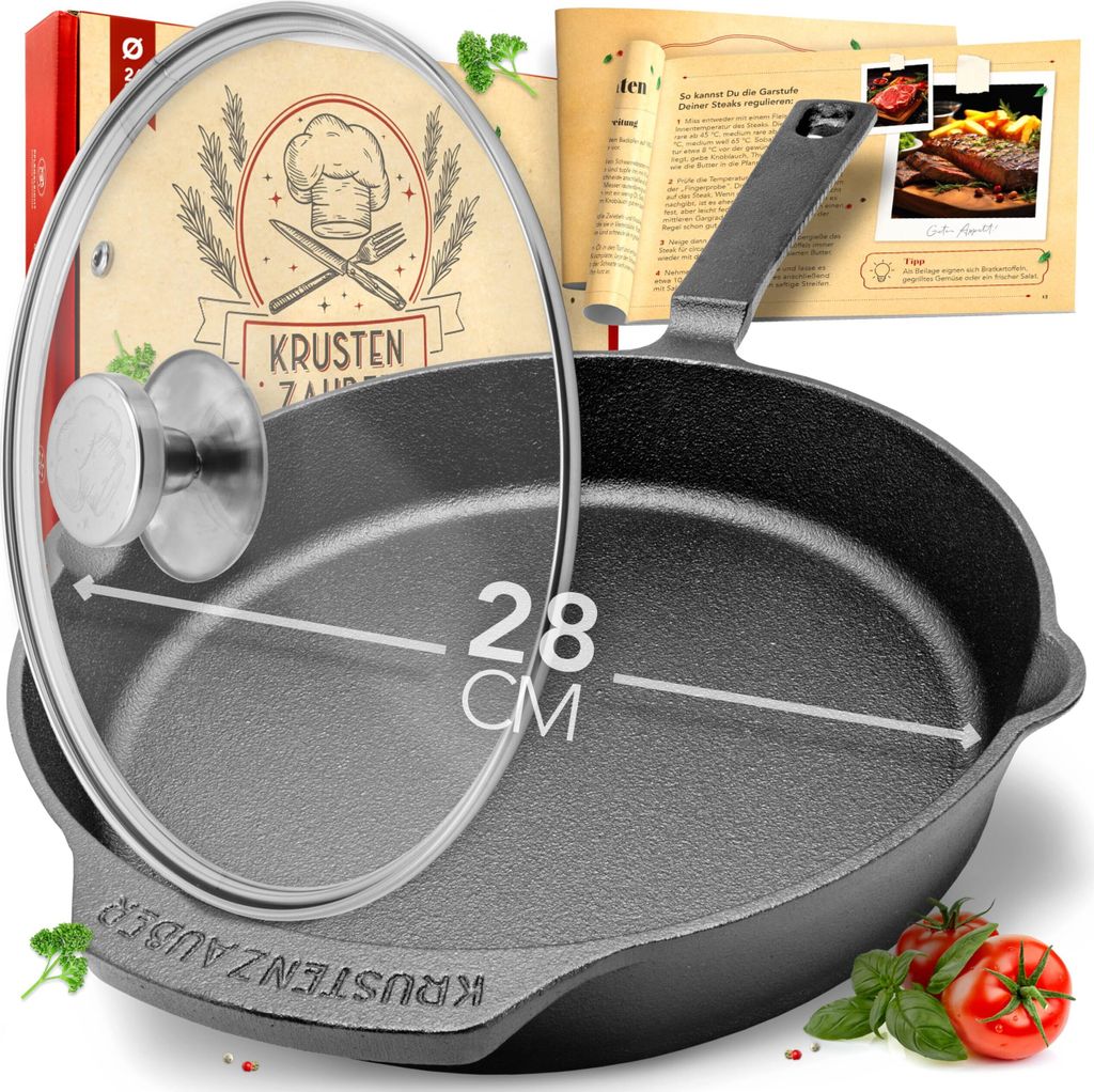 KRUSTENZAUBER 28cm Gusseisenpfanne Induktion Set - Voreingebrannte Gusseisen Pfanne - Ideale Grillpfanne Induktion, Eisenpfanne, Cast Iron Pan, Bra...