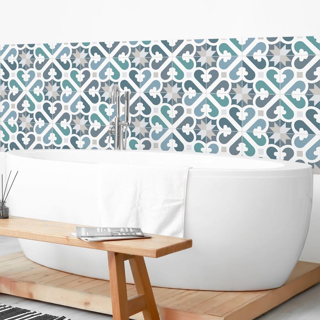 Wandverkleidung Bad Muster selbstklebend - 0.35 mm Wandpaneel matt wasserfest Ornament blau Fliesenoptik Abstrakt Badrückwand fugenlos 150x60 cm