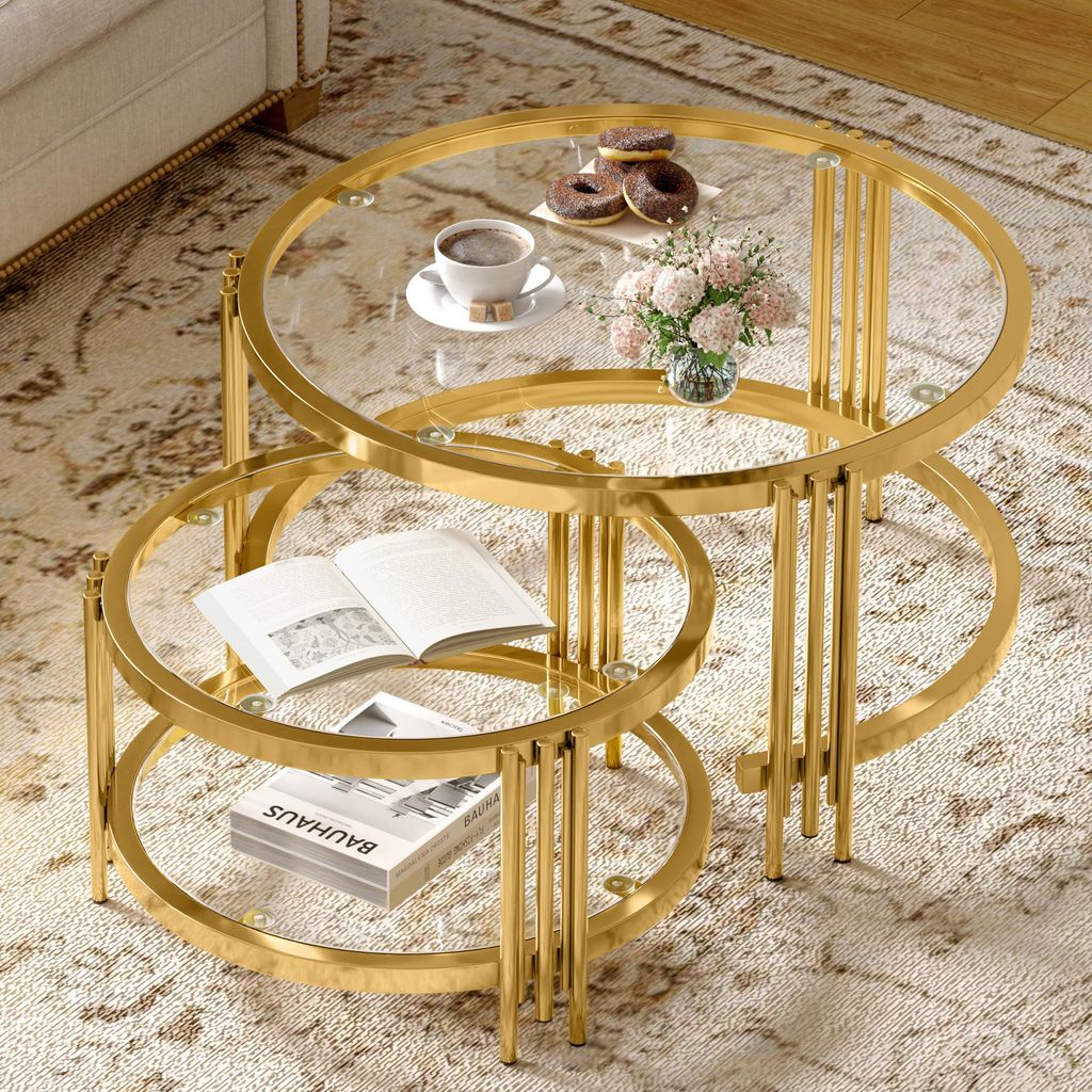 okwish Lot de 2 tables basses avec plateau en verre, table Image du produit 
