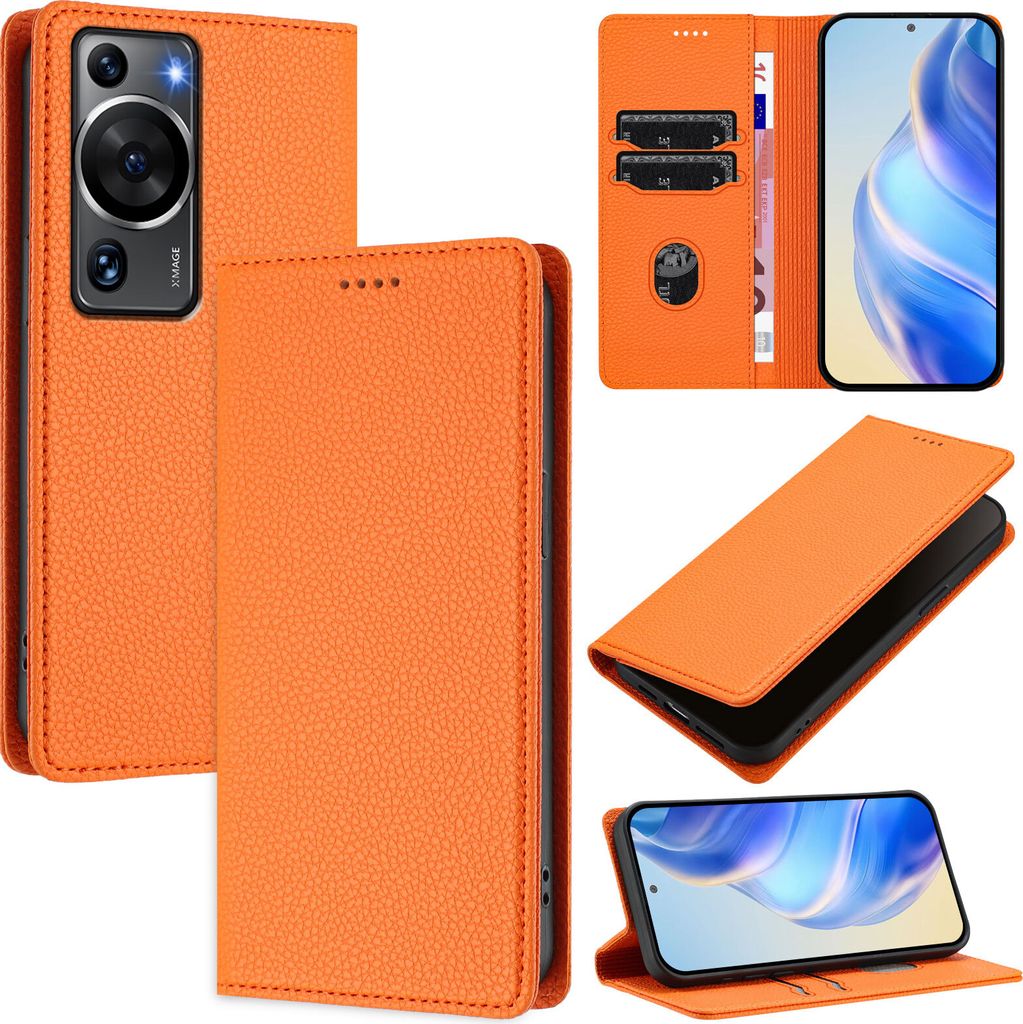 Litchi Leder Handyhülle für Huawei P60 / P60 Pro Wallet Kartenfächer Standfunktion Hülle Orange