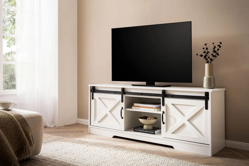 WOHNLING Buffet bas blanc 150 cm Commode TV style campagnard moderne