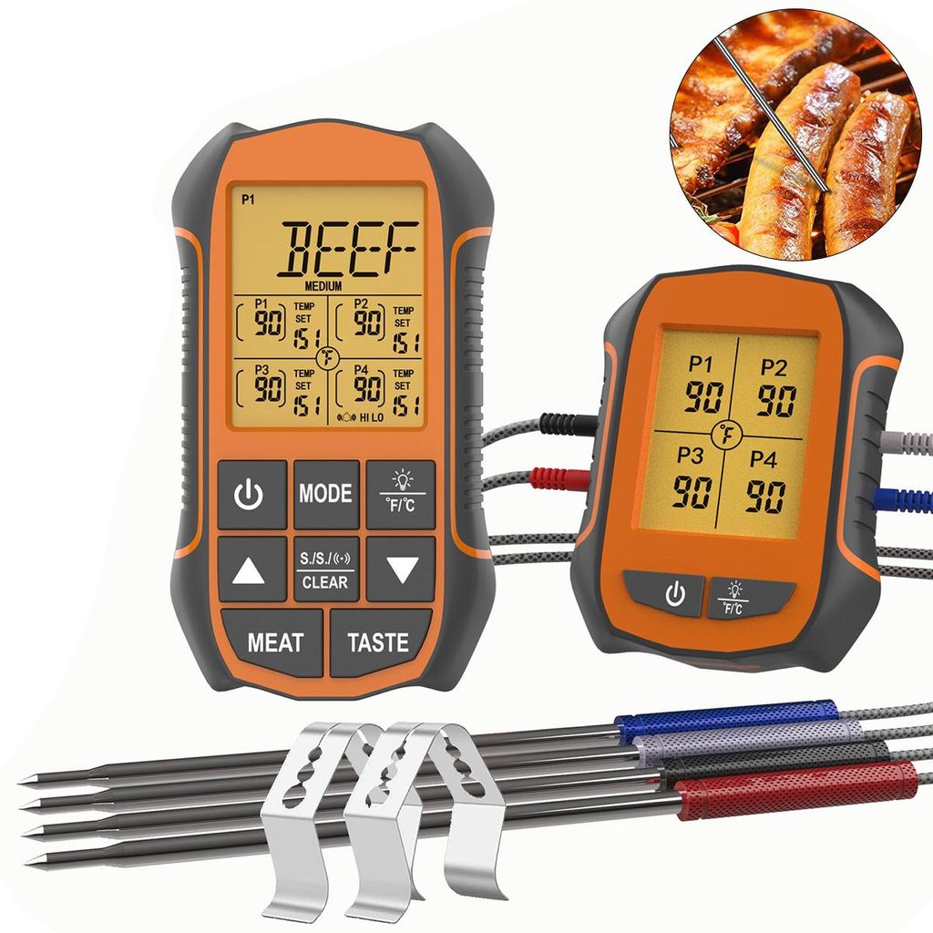 Bluetooth Küchen-Thermometer mit 4 Sonden – Elektronisches kabelloses Lebensmittelthermometer, Temperaturbereich -50°C bis 300°C, Alarm & Timer