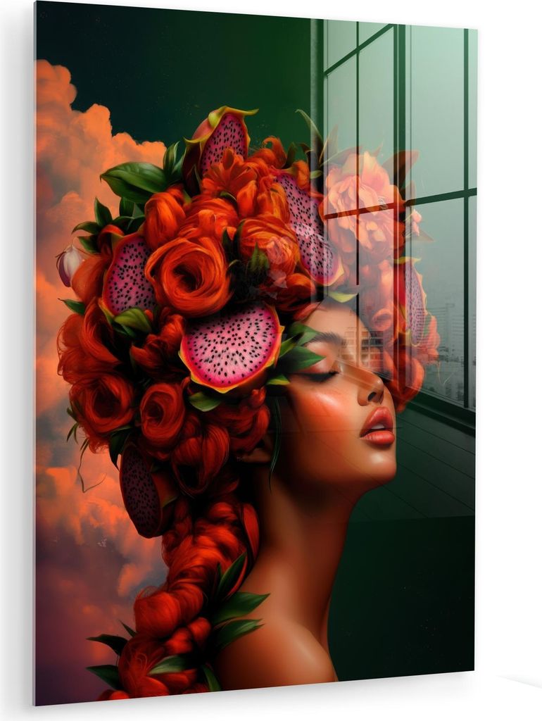 MuchoWow Glasbilder - Bilder auf Wandbild - Foto auf Glas Frau - trinkt Obst - Rosen 30x40 cm Wanddekoration aus Glas - Acrylglasbild - Acrylbilder...