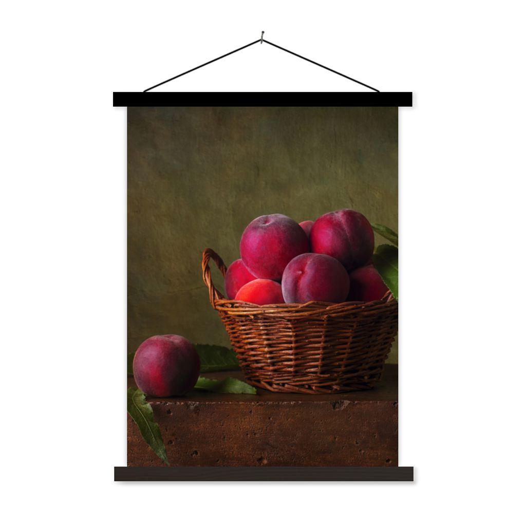 MuchoWow Textilposter Korb - Pflaume - Rosa - Rustikal - Obst - Stilleben 60x80 cm mit schwarzem Rahmen - Plakathalter