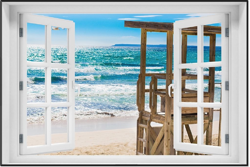 Wallario Wandbild mit Fenster-Illusion: Badestrand - Mallorca Spanien, Größe: 61 x 91,5 cm, Poster mit schwarzem Aluminiumrahmen