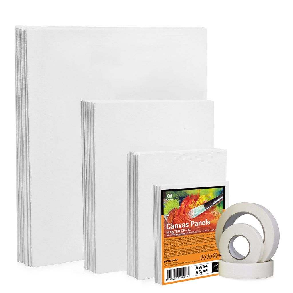 ESENG Leinwand zum Bemalen Set (Mix-4), 32 Stück, rechteckig, A3/A4/A5/A6 mit 3x30m Abdeckband, 3mm dick, 100% Baumwolle, Canvas Panel für Acry...
