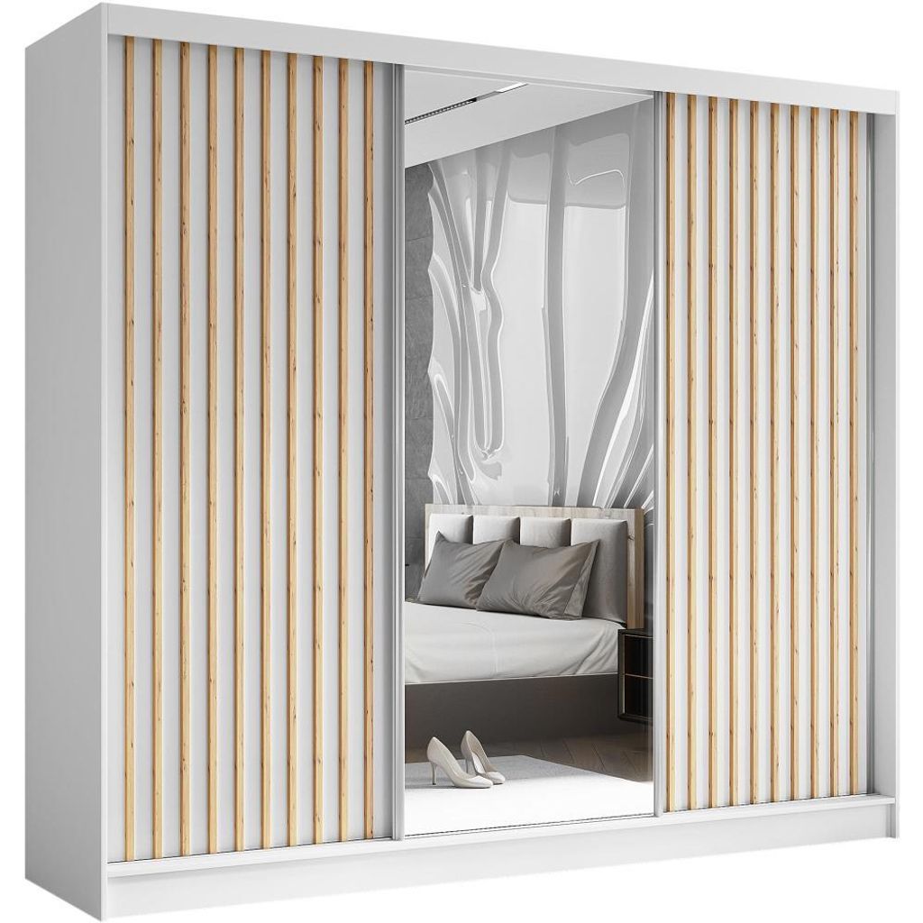 A sliding door wardrobe with a mirrored section reflecting a bedroom interior.