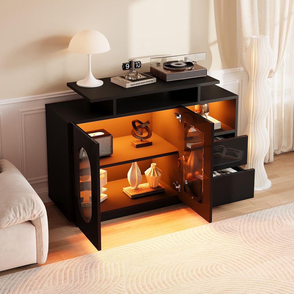 OKWISH Buffet - Vitrine avec LED et Portes Vitrées, Meuble Image du produit 
