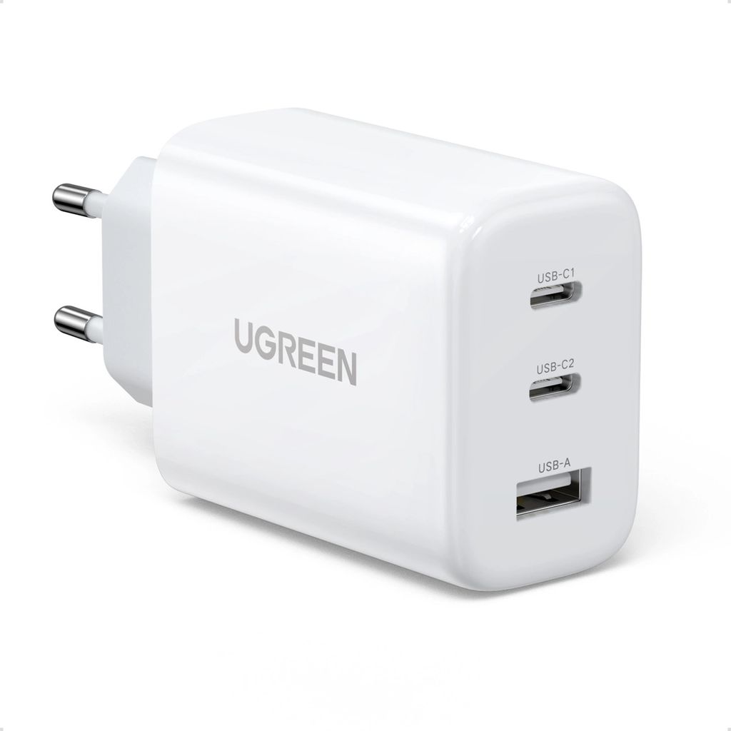 A white Ugreen brand USB charger with multiple ports.